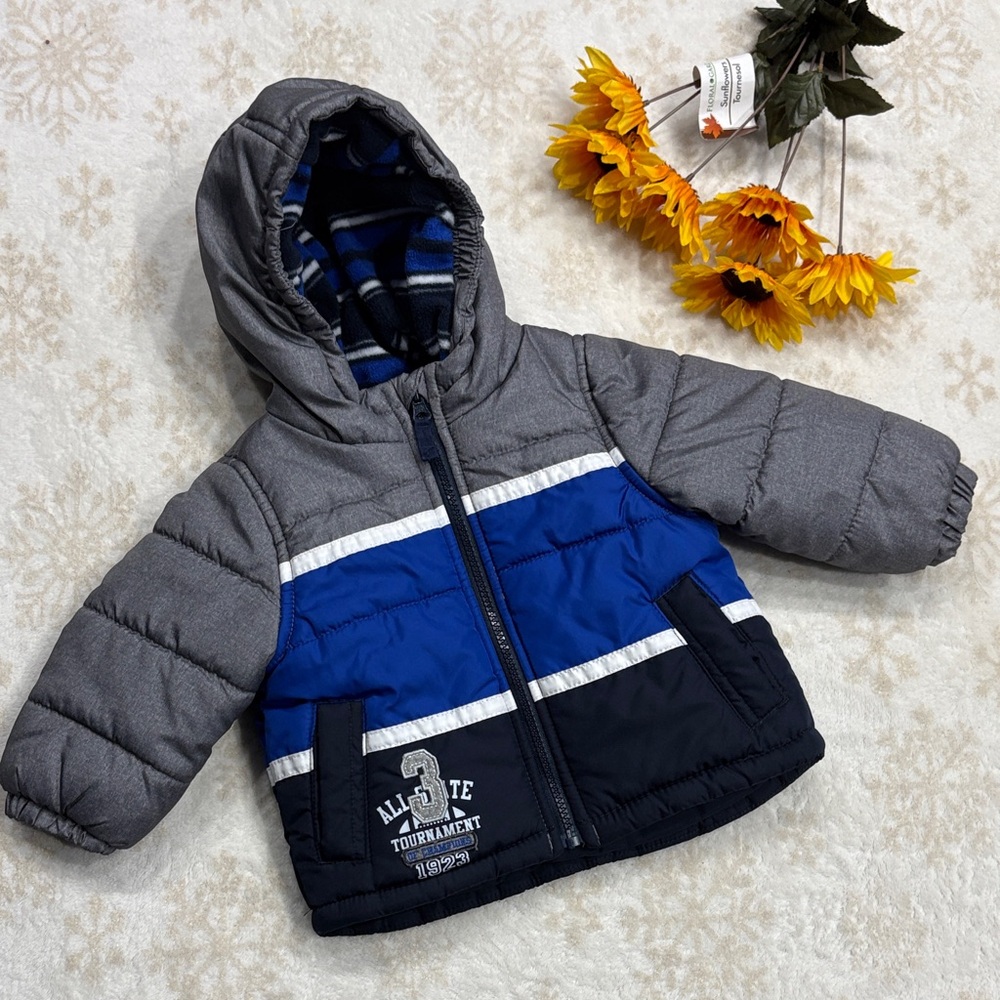 London Fog Baby Boy Winter Blue Gray Hooded Fleece Puffer Coat Jacket 12 Months!